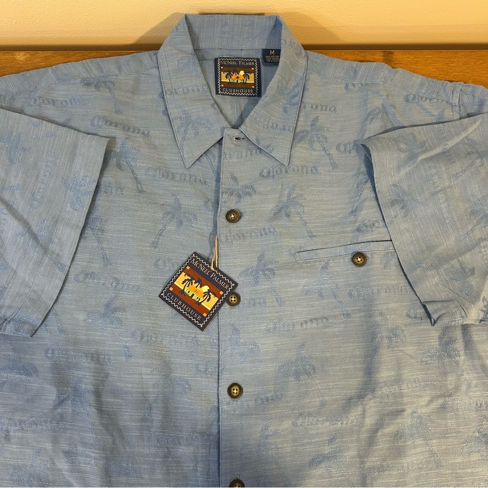 McNeel Palmer, M, Corona Blue Men's Shirt.  Palm trees & word Corona on shirt.